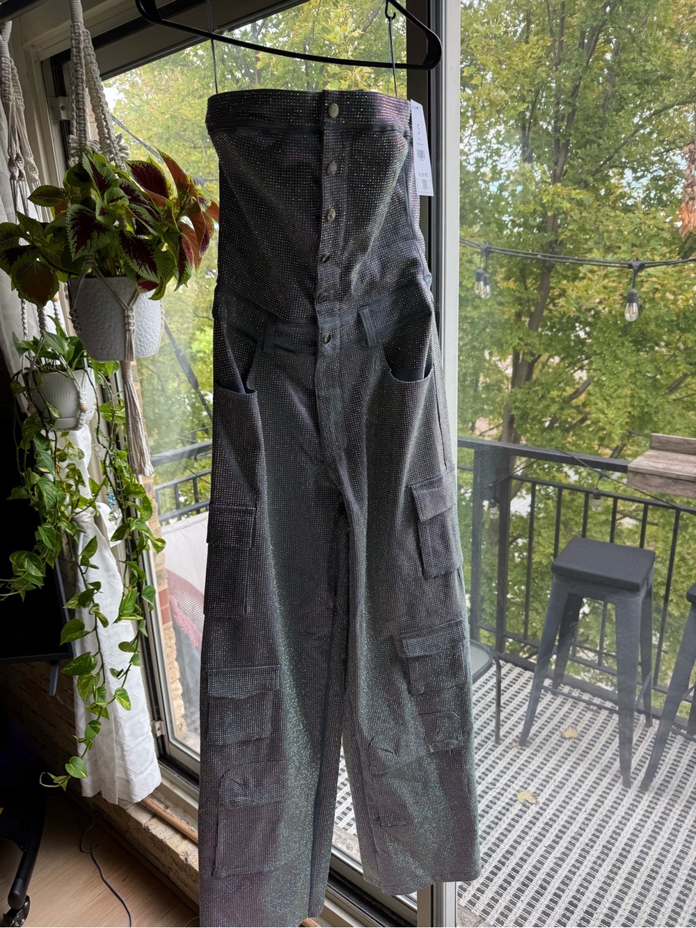 AKIRA Iridescent Sparkle High-Waist Cargo Jumpsuit